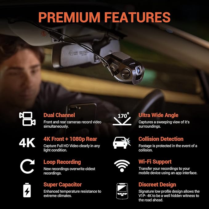 RexingUSA V1P 4K Dual Channel Dash Cam 4K+1080p w/Wi-Fi, 2.4” LCD, 170° Wide Angle, Rear Camera, Supercapacitor, G-Sensor, WDR, Loop Recording, Mobile App