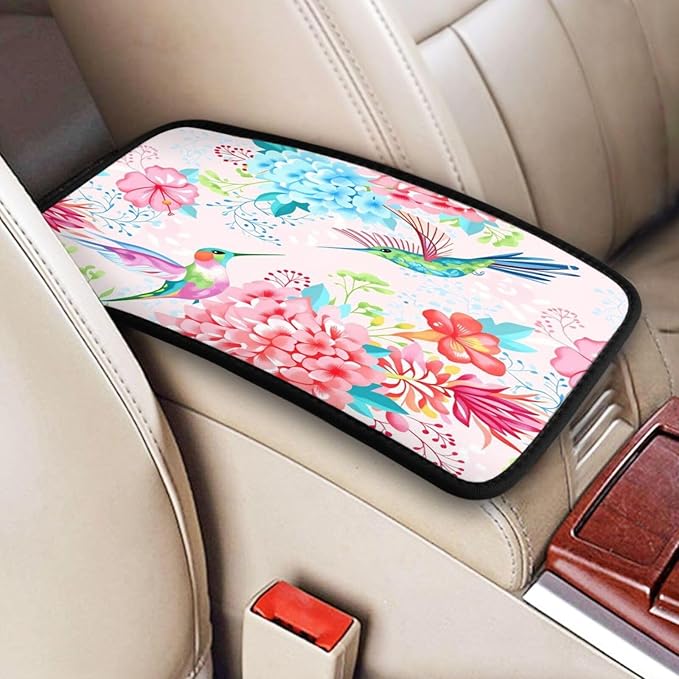 Hummingbird Floral Car Handrail Box Cushion Armrest Cover Auto Center Console Pad Car Decor 12.6X7.5 in