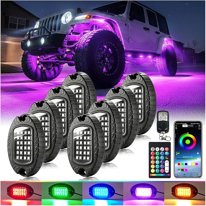 8Pods Aluminum RGB LED Rock Lights for Jeep Trucks UTV ATV RZR Golf Cart Offroad SXS SUV Side by Side with APP/RF Remote Control, Waterproof Multicolor Metal Alloy Case Segmented Underglow Light 12V