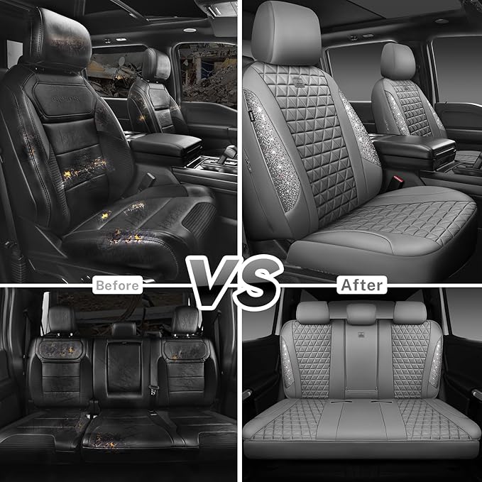 CAR PASS Bling Diamond Gray Leather Car Seat Covers Full Sets Interior Sets, Waterproof Shining Glitter Sparkly Crystal Universal Armrest Fit for Automotive Truck SUV Cute Women Girl, Gray Rhinestone