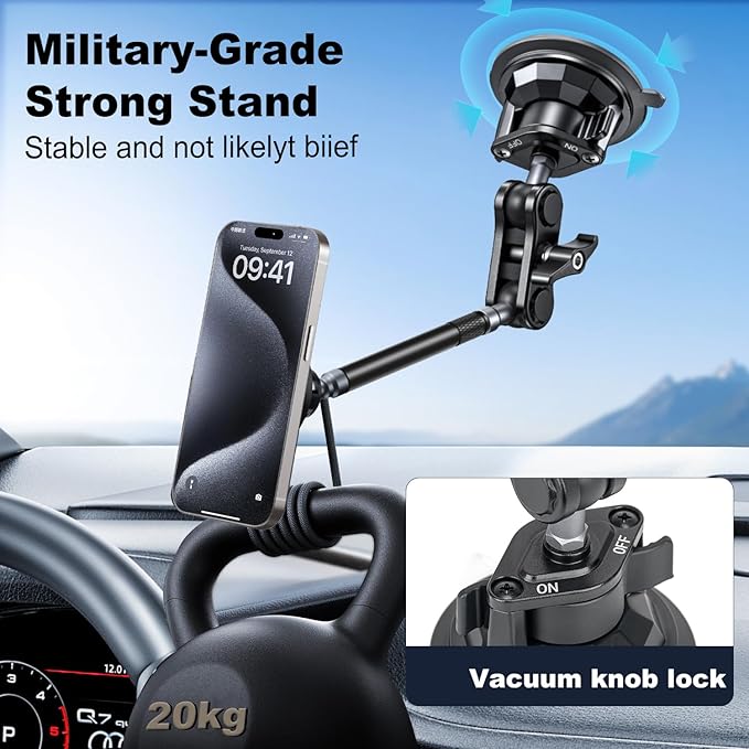 koolehaoda Magnetic Car Phone Holder for Magsafe, Vacuum Suction Cup Phone Mount for Windshield Dashboard, 360° Adjustable Metal Arm Car Phone Holder for iPhone Samsung All Smartphone & Cars Truck