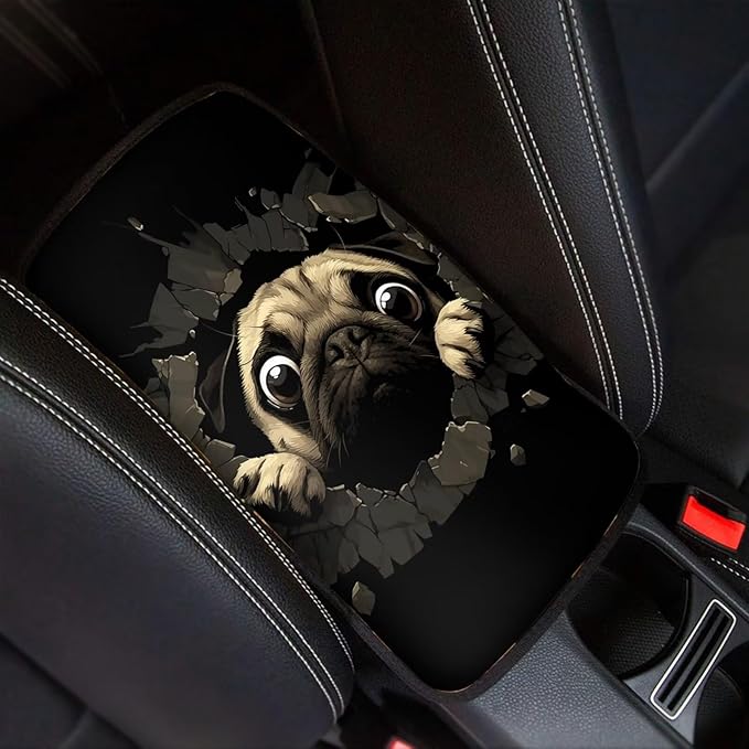 Funny Pug Car Center Console Armrest Pad Cute Dog Car Center Console Cover Dustproof Car Accessoriess Seat Box Pad for Auto Sedan, Van, SUV, Truck