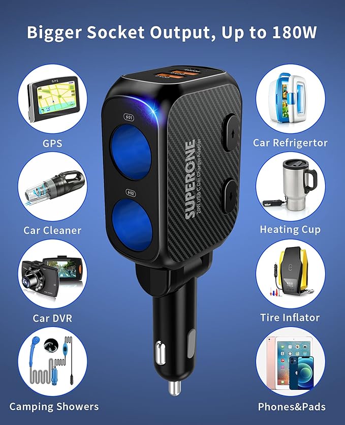 SUPERONE 180W Cigarette Lighter Splitter with 20W PD, 2-Socket Cigarette Lighter Adapter, Fast USB C Car Charger with Type-C 20W PD & QC 3.0 for Dash Cam, GPS, iPad/Laptop/iPhone 17/16/15/14/Samsung