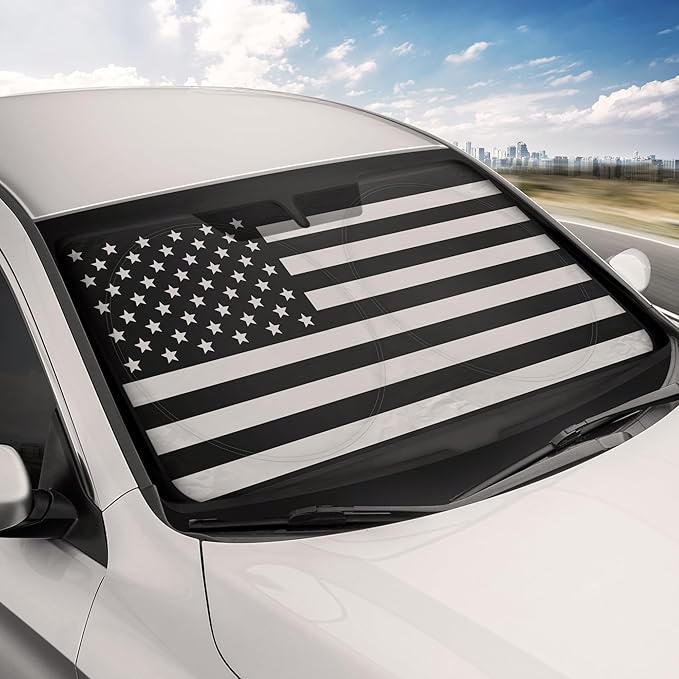 Motor Trend USA Black American Flag Car Windshield Sun Shade for Front Window, Foldable Car Sun Shade with Patriotic Graphic, Collapsible Sun Visor Sunshade for Cars Windshield (Large 69" x 35")