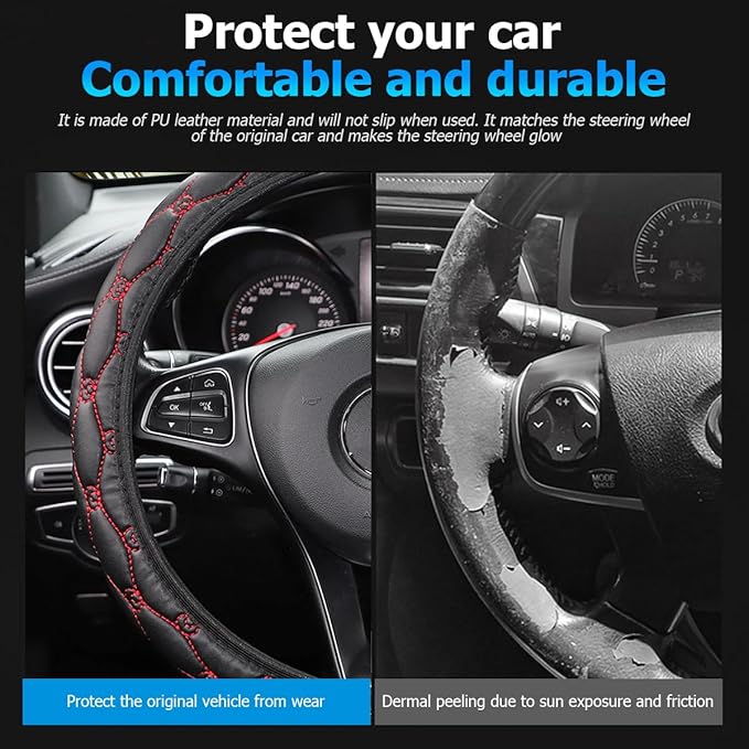 Car Steering Wheel Cover, PU Leather Non-Slip Lantern Pattern Vehicle Steering Wheel Cover Protection, Breathable Automotive Interior Protecter Accessories, Universal Fit (Black/Red)