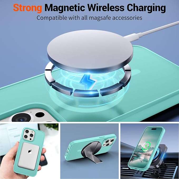 SUPFINE Magnetic for iPhone 15 Pro Max Case (Compatible with MagSafe) (Military Grade Drop Protection) Slim Translucent Matte Shockproof with Anti-Fingerprint Phone Case,Blue Green