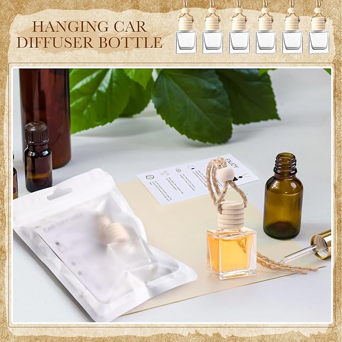 Boao 50 Sets Hanging Car Air Freshener Diffuser Bottles with Instruction Card and 4 x 6'' Resealable Holographic Bag for Empty Car Essential Oil Perfume Bottles Packaging (Cube)
