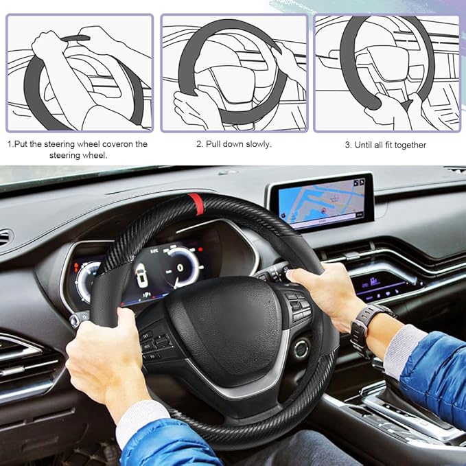 Carbon Fiber Car Steering Wheel Cover, Universal 15 inch Breathable Anti Slip Steering Wheel Covers, Car Interior Accessories for Men and Women, Fit for Most Vehicles (Black)