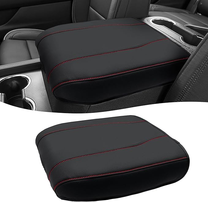 Center Console Cover for Chevy Silverado 1500 Accessories & GMC Sierra 2019-2026, Yukon & Tahoe & Suburban 2021-2026, Bucket Seat Only, Vinyl Armrest Middle Console Cover, Black-Red Stitch