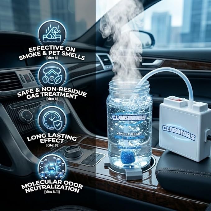 Odor Eliminator for Car Kit - Advanced Chlorine Dioxide Odor Removal Neutralizes Smoke, Pet Urine, Mildew & Skunk Odors in 1 Hour - Includes Bubbler System