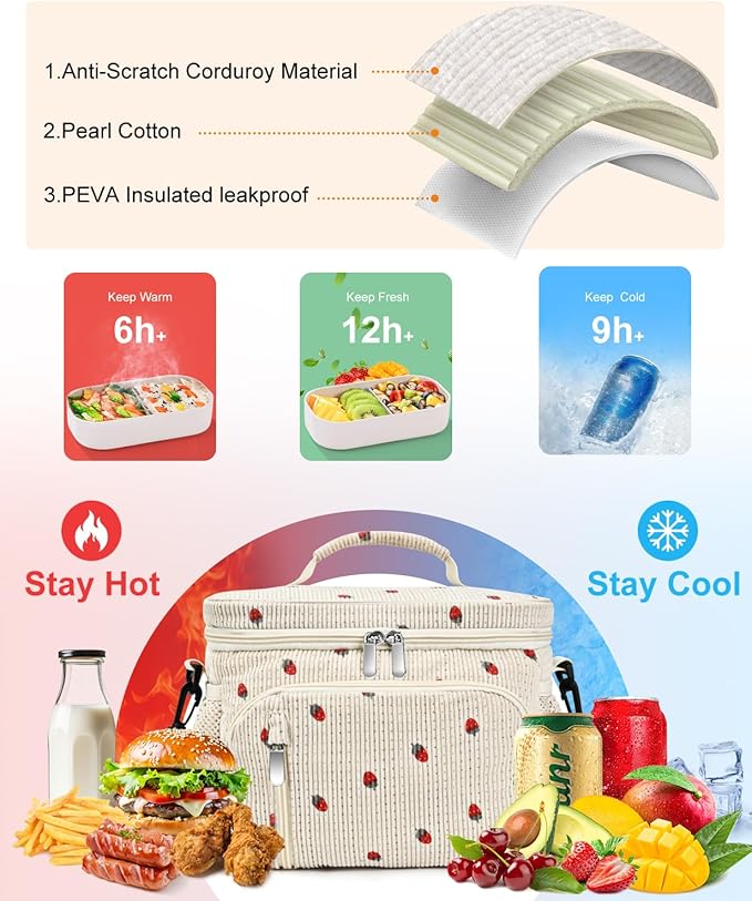 Insulated Lunch Bag for Men & Women, 9L Leakproof Lunch Box Soft Cooler Tote with 5 Pockets, 600D Oxford, EVA Lining, Adjustable Strap for Work, Picnic, Beach&Travel-Corduroy Strawberry