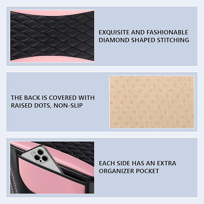 Leather Car Center Console Cover,Upgraded Center Console Cushion Pad with Side Pockets,Patchwork Arm Rest Cover for Car,Waterproof Armrest Seat Box Covers,Universal for Most Vehicles (Pink)