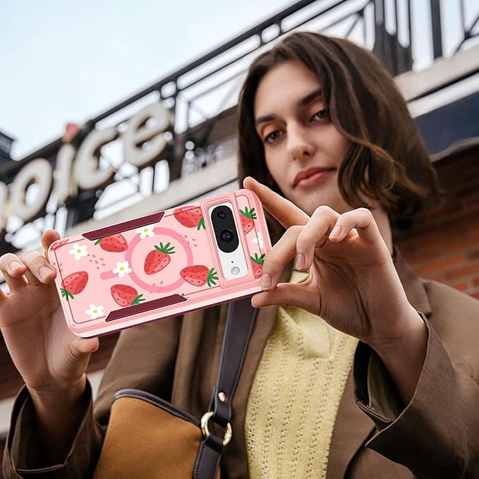 for Google Pixel 8 Case 6.2 Inch - Compatible with MagSafe Women Girls Cute Magnetic Protective Cover Girly Kawaii Strawberry Heavy Duty Shockproof Design for Google Pixel 8 Phone Cases