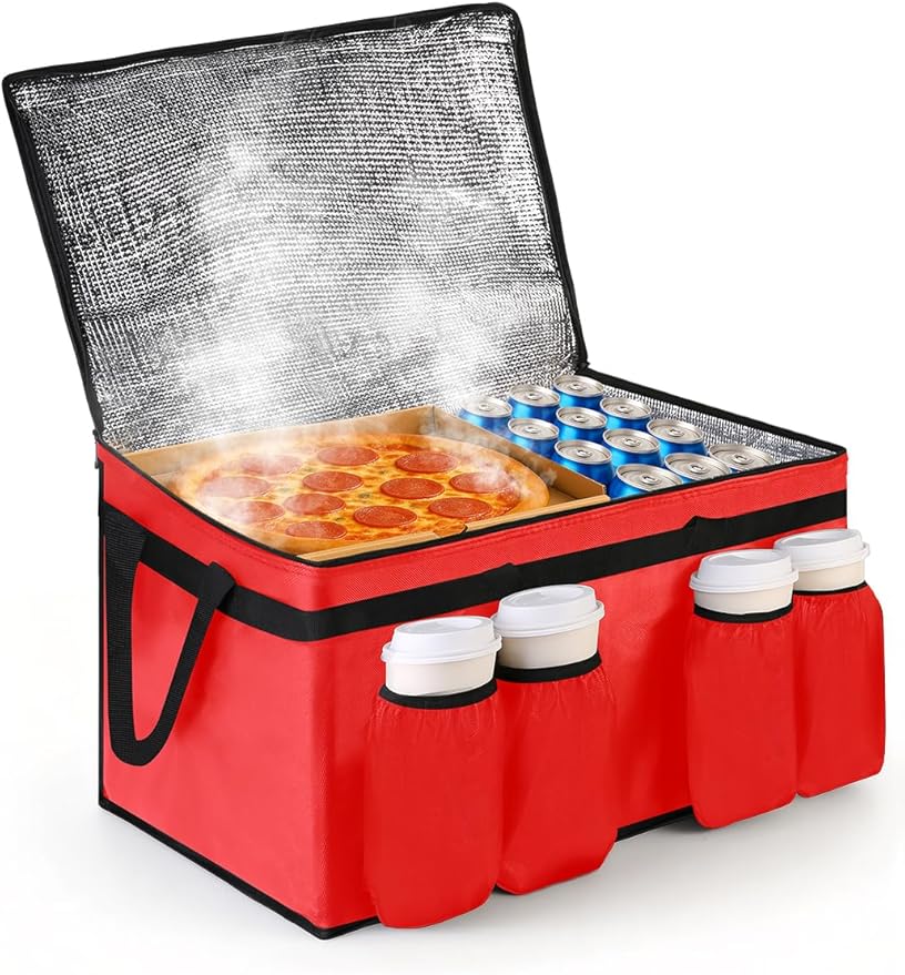 Bodaon Insulated Grocery Bags with 4 Cup Holders -Insulated Bags for Food Delivery with Zippered Top, Food Carrier for Catering, Pizza Bag and Cooler Bag for Takeout, Picnic, Shopping, Car Use