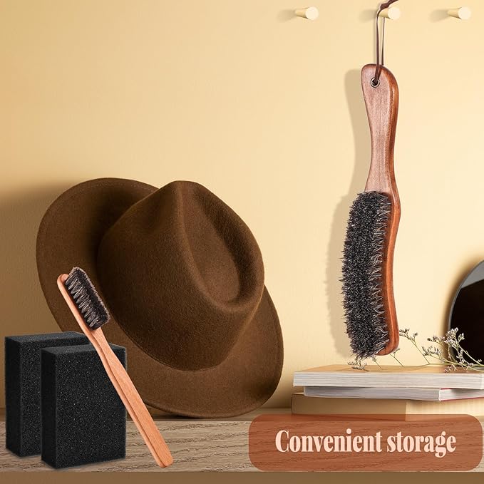 4 Pcs Horsehair Felt Hat Brush Kit with Cleaning Sponge Cowboy Clean Hat Wood Fedora Hat Cleaning Set Baseball Cap Lint Brush Remove Dust for Hair Furniture Suits Clothes(Style B)