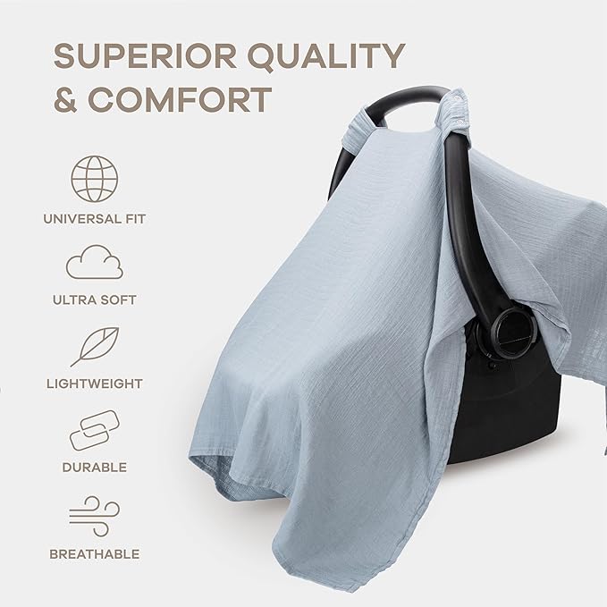 Comfy Cubs Baby Car Seat Cover - Soft, Breathable Bamboo Rayon and Muslin Cotton Blend - Lightweight Canopy for Sun, Bug, and Comfort Protection - Large Size Infant Seat Cover in Pacific Blue Design