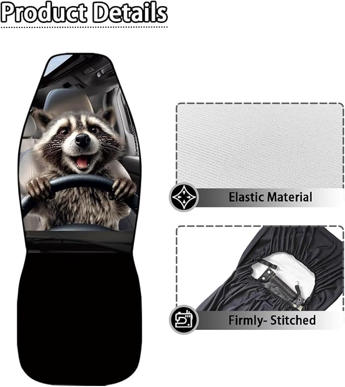 Funny Front Seat Covers for Cars Happy Raccoon Soft Bucket Seat Covers Scratchproof Premium Polyester Seat Covers for SUV Vans Sedans Trucks