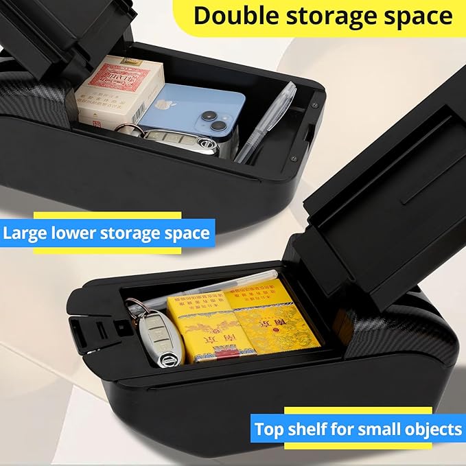 AULPHIKE Compatible with Nissan Note Armrest E-Power Car Center Console Organizer Armrests Double Layer Storage with USB Ports（Black Style）