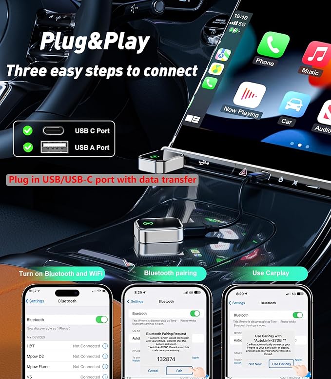 Wireless CarPlay Adapter for iPhone(2025 Upgraded),Mini Size & Plug - Play,Converts Wired to Wireless Apple CarPlay,No Delay Carplay Dongle for Apple iOS 10+/Android 11+ and Above