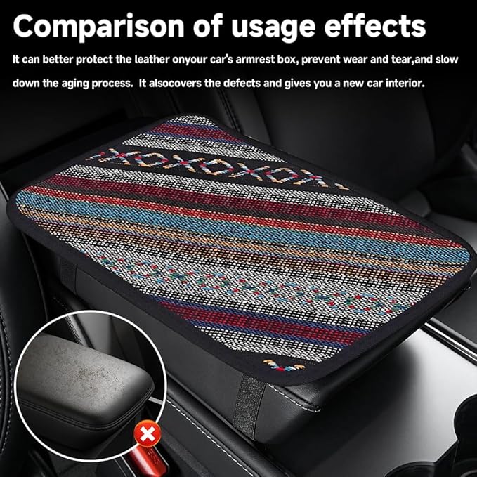Bohemian Universal Armrest Cover Pad, Car Center Console Cushion, Boho Ethnic Style Auto Armrest Decorative Pad with Elastic Straps, Car Arm Rest Cover Protector for Vehicles (Armrest Cover-A)