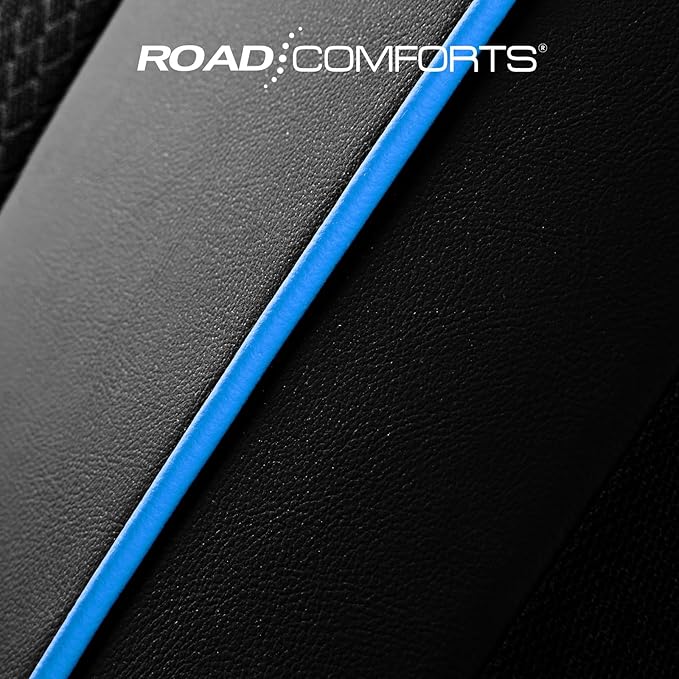 Road Comforts Car Seat Covers, Leather Front Seat Covers with Piping, Air-Cool Mesh Designed, Airbag Compatible Automotive Seat Covers for Most Car, Truck, Van, SUV - Black with Blue Piping