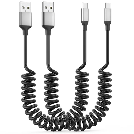 Coiled USB C Cable for Car 2Pack, 3A USB Type C Charger Cable Fast Charging, Retractable Android USB A to USB C Charge Cord for iPhone 17 16 15 Pro Max Plus, Galaxy S24 S23 S22, Note 20 10, Moto G, LG