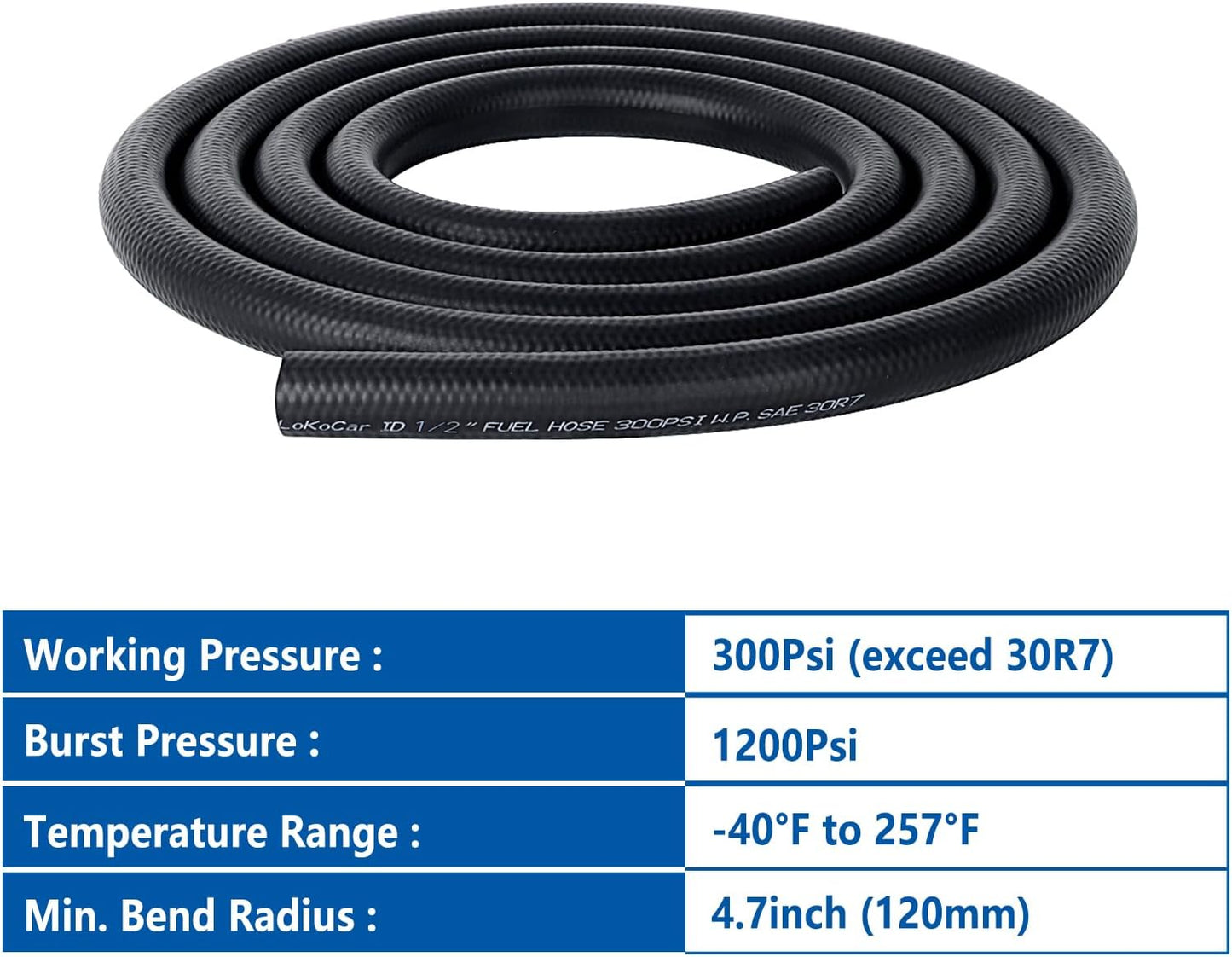 LokoCar Rubber Fuel Hose Line Push Lock 1/2" ID SAE 30R7 NBR 10ft 300PSI Black