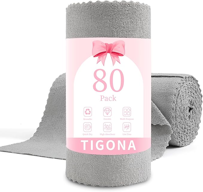80 Pack Microfiber Cleaning Cloth Roll,Lint Free Rags & Tear Away Reusable Towels Washable Scratch,Ultra Absorbent Dish Rags(12" x 12") for Car Kitchen Home Garage-Light Gray
