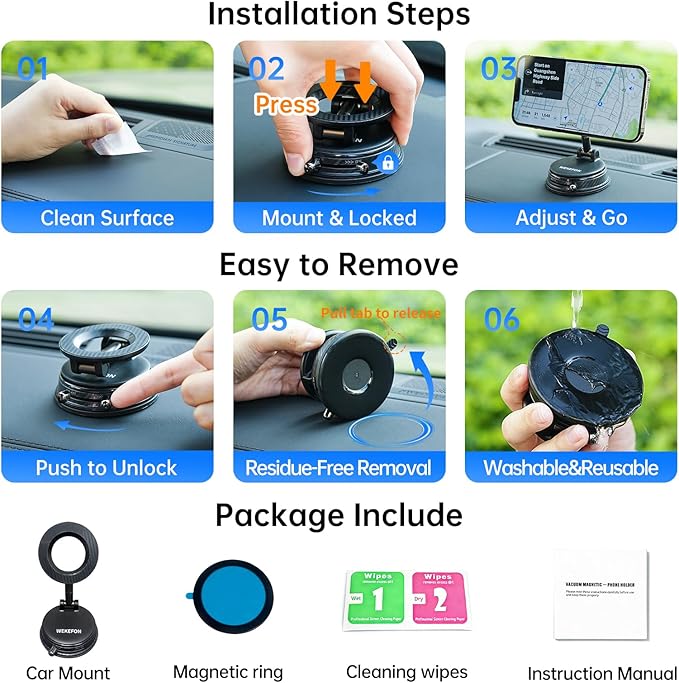Upgraded Car Phone holder for Magsafe [120LBS Suction Cup & 3000gf Magnet ] 1100° Adjustable Vacuum Magnetic Phone Holders for Your Car, Dashboard Car Mount Bracket for iPhone & Android, Carbon Fiber