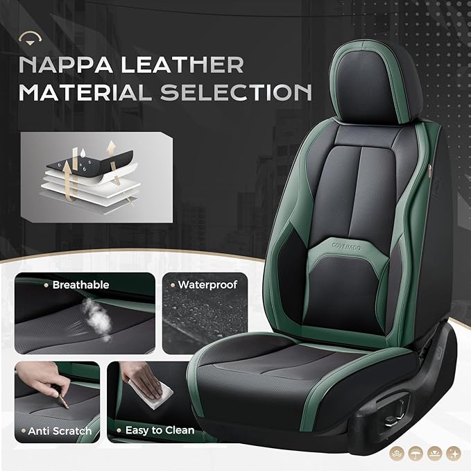 Coverado Automotive Seat Covers Front Seats, Leather Seat Covers 2 Pack, Black Green Car Seat Cover, Waterproof Car Seat Protector with Lumbar Support, Front Seat Covers Universal Fit for Most Cars