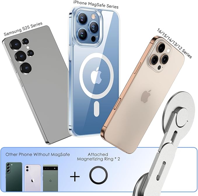 CloudValley Magnetic Laptop Phone Holder, 360° Rotating Mount Compatible with iPhone MagSafe and All Phones, MacBook, PC Monitor, Screen Stand for Tesla, Portable Accessory, Silver