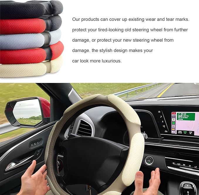 Car Steering Wheel Cover, 15" Breathable Ice Silk Auto Wheel Protector with Comfortable Grip, Anti-Slip Slip-on Steering Wheel Wrap Soft Hand Pad Cushion for Women Men (Beige)