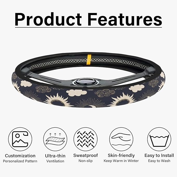 Sun Moon Steering Wheel Cover, Cute Print Elastic Steering Wheel Cover Protector, Ultra-Thin Skin-Friendly and Breathable, Car Accessories for Men, for Steering Wheel with a Diameter of 14.5"-15"
