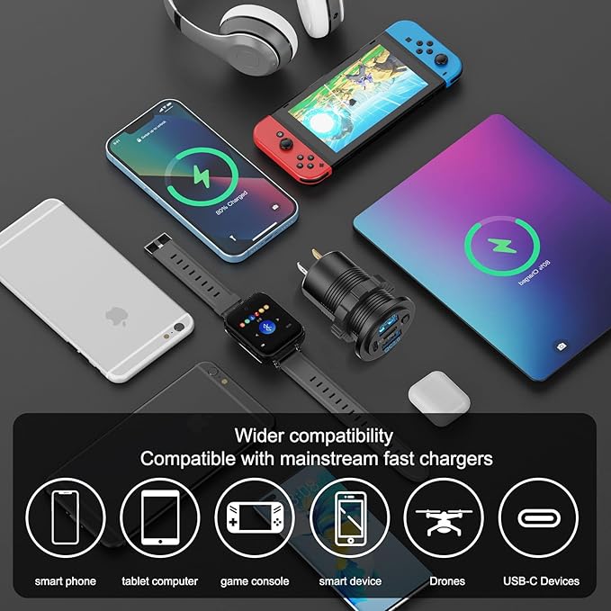78W 4 Port 12V USB Outlet Car Charger, Super Fast Dual PD3.0 & QC3.0 Multiple USB Port for Car, USB C Cigarette Lighter Replacement 12 Volt Socket Waterproof for Marine Boat Motorcycle RV Golf Cart
