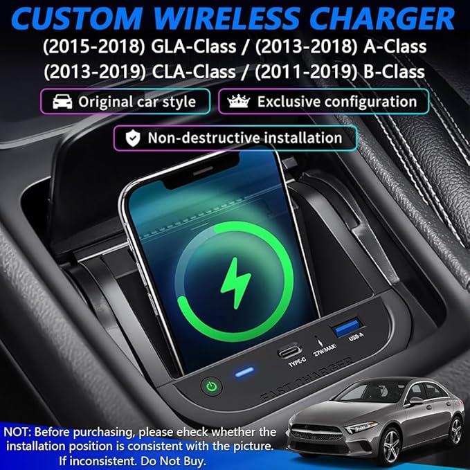 Wireless Car Charger for Mercedes-Benz GLA GLB CLA A-Class B-Class 2013-2019, OEM Custom Fit with 27W USB-A & Type-C Wireless Fast Phone Charging Pad for Mercedes-Benz Interior Accessories