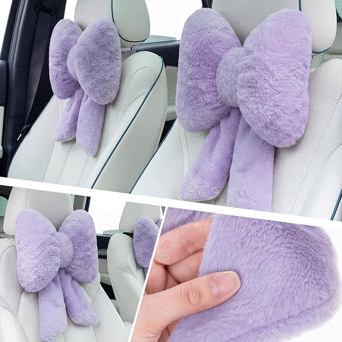 Macarrie 2 Pcs Car Neck Pillow Plush Butterfly Bow Car Headrest Pillow Comfortable Seat Neck Support Cute Head Rest Accessories for Driving Travel Driver Chair Girl Style Interior Decor (Purple)