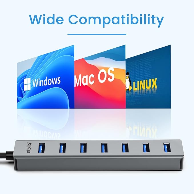 USB 3.0 hub, atolla 7-Port Multi USB Aluminum hub, 1m Extension Cable USB Splitter, Suitable for PC, Laptop, MacBook Pro, etc.