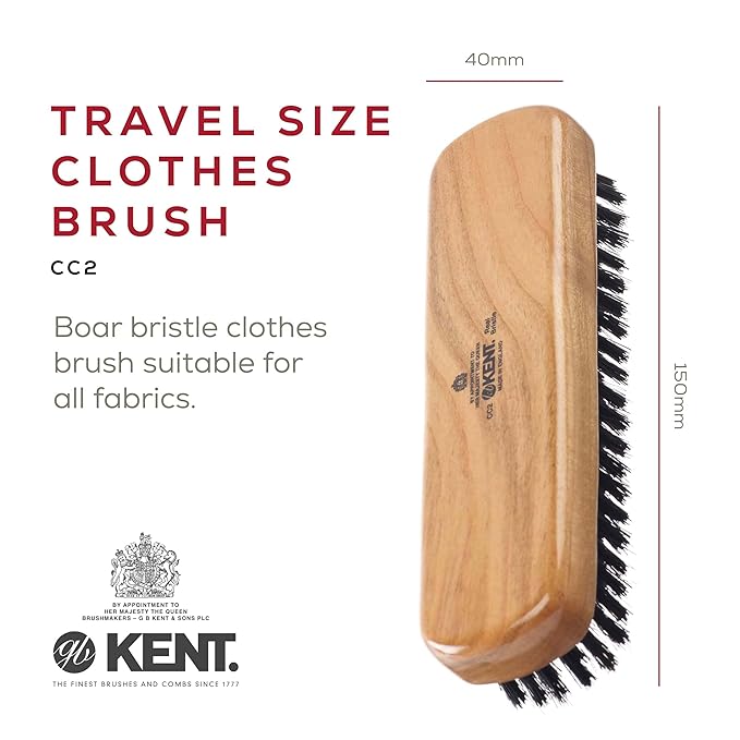 Kent CC2 Finest 100% Handcrafted Clothes Brush: Black Boar Bristle & Nylon Mix with Cherrywood Handle - Travel-Size Lint/Fuzz Remover for Cashmere, Wool, Silk; Suede Brush & Pet Hair Lint Roller
