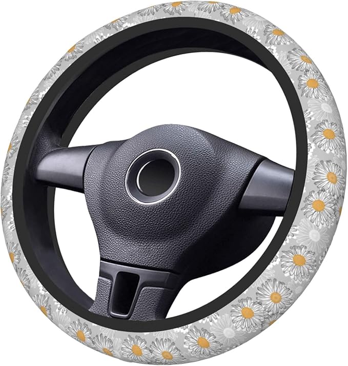 Floral Daisy Steering Wheel Cover Women Men Vintage Flower Elastic Stretch Soft Car Wheel Protector Universal Breathable No-Slip Car Accessories for Truck Van SUV Auto Fit 14-15 Inches