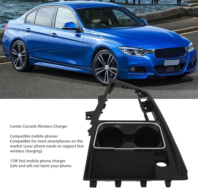 15W Car Wireless Charger Center Console Fast Charge Pad Fit for 3 Series F30 F31 F35 2013 to 2019 Cup Holder Phone Tray Rugged ABS Charging Dock Replacement Interior Accessory