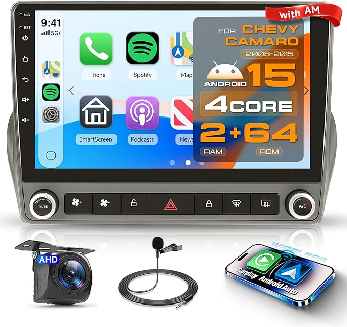 Car Radio Stereo for Chevrolet Chevy Camaro 2008–2015, 9″ Touchscreen Android Car Radio Support Upgrade for Camaro Radio, Wireless CarPlay & Android Auto, AM FM BT GPS DSP EQ,Backup Camera