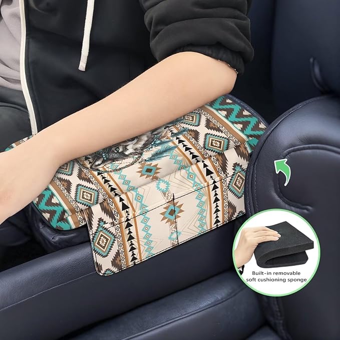 Wanyint Aztec Wolf Dream Catcher Auto Center Console Pad Non-Slip Armrest Cover Cushion Lid Wear-Resistant Arm Rest Cushion Protector for Car Seat Organizer Universal Fit for Most Vehicles