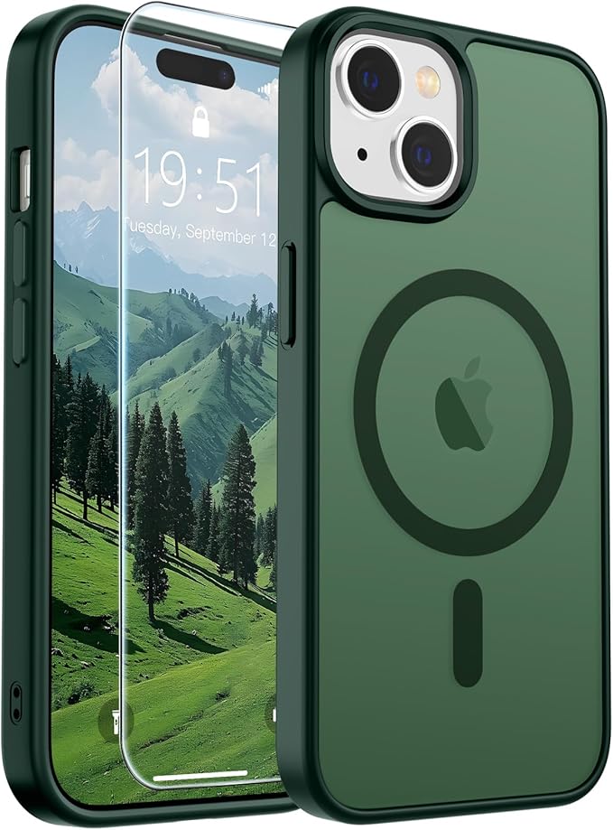 SUPFINE Magnetic for iPhone 15 Case (Compatible with MagSafe) (Military Grade Drop Protection) Slim Translucent Matte Shockproof with Anti-Fingerprint Phone Case, Forest Green