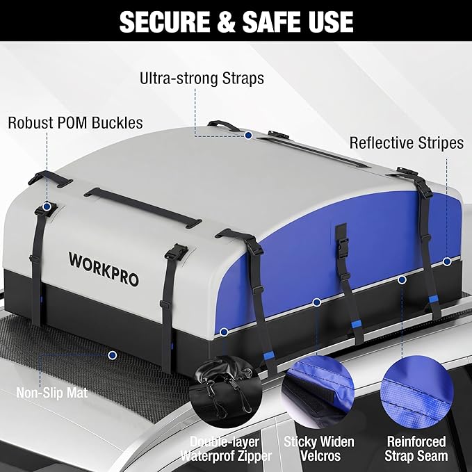 WORKPRO Rooftop Cargo Carrier Roof Bag, 21 Cubic Feet, Waterproof Roof Rack Cargo Carrier for Vehicle with/Without Rack, Heavy Duty 840D PVC, Includes Anti-Slip Mat, 6 Safety Hooks and Storage Bag