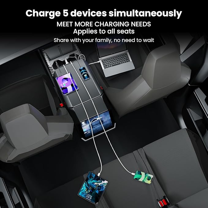 USB Charger Hub for Tesla Cybetruck with 110V AC Outlet & Retractable Cables - Seamless Integration, 30W PD/QC3.0 Fast Phone Charge, Center Console Docking Station Cybetruck Accessories (Black 1.0)