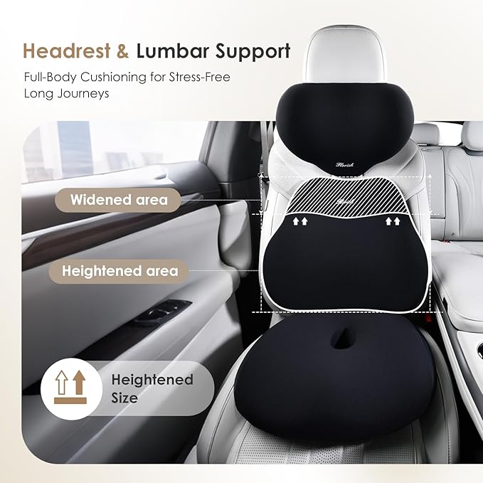 FLORICH Car Seat Cushion & Lumbar Support Pillow & Car Neck Pillow, Ergonomic Memory Foam Driving Seat Cushion for Back & Sciatica Pain Relief, Non-Slip Washable Cushion for Car, Driver, Office-Black