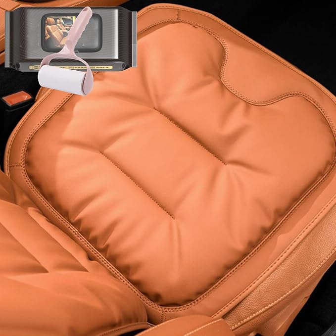 Skin-Friendly & Dirt-Repellent Leather Seat Cushions, 2026 Car Seat Cushion for Driving, 1.57" Thick Comfort Seat Protector, Universal Non-Slip Memory Foam Pad for Car (Orange, Front Seat Cushion)