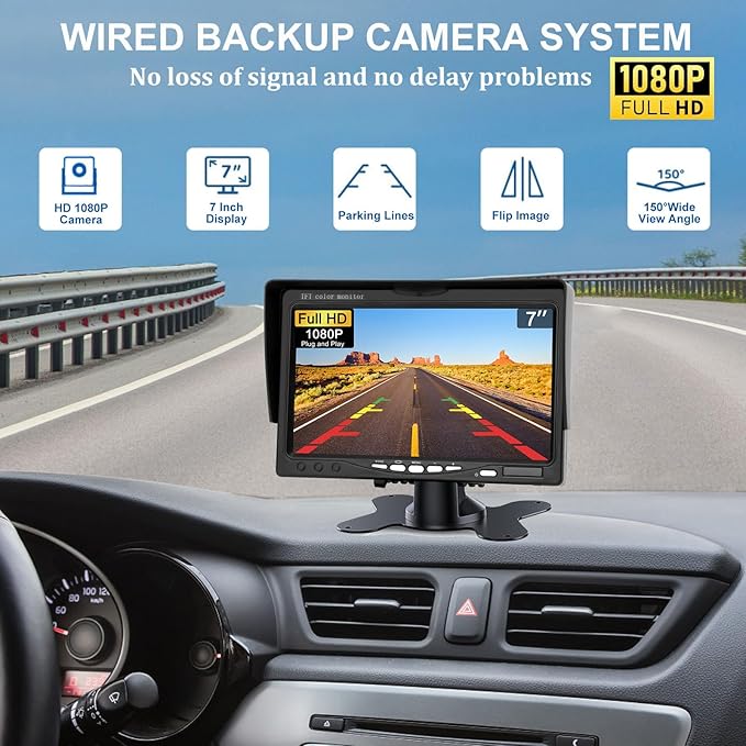 Kairiyard License Plate Backup Camera with 7 Inch Monitor, HD 1080P Reverse Camera Waterproof DIY Grid Lines No-Delay Wired Rear View Camera System for Truck Car SUV