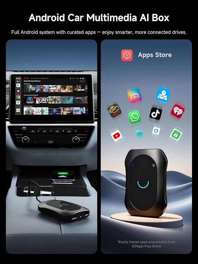 Wireless CarPlay & Android Auto Adapter, Supports for Netflix/YouTube, AI Box Carplay, Drivechat with AI Skills, Dual WiFi, Bluetooth, Fits for OEM Wired CarPlay Cars