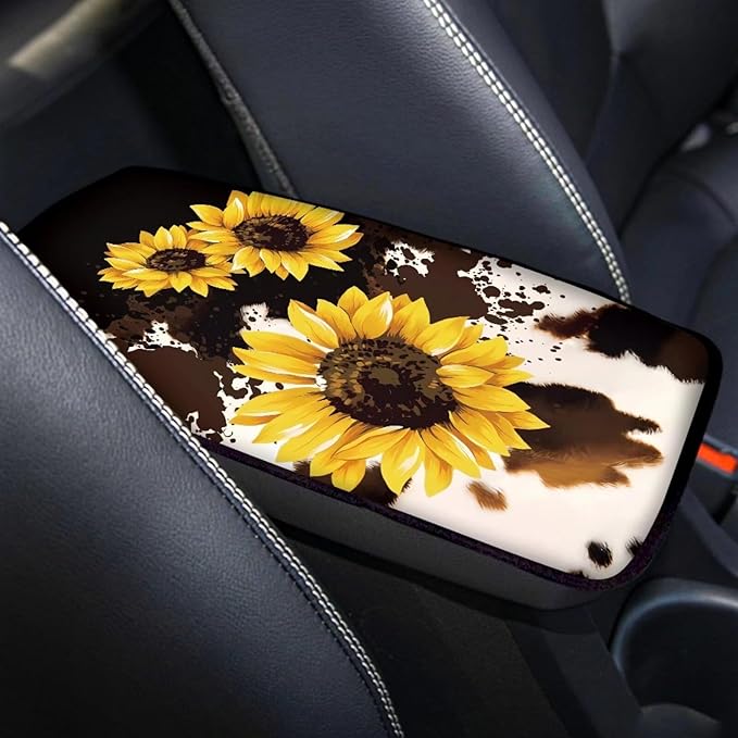 Dreaweet Sunflower Brown Cow Print Center Console Cover Cute Car Accessories for Women Car Armrest Cover Cushion Soft Comfy Car Arm Rest Cover Pad Universal for Most Vehicles